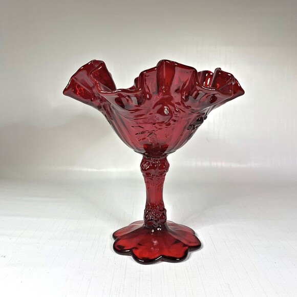 Fenton Ruby Red Glass Compote Cabbage Rose Vintage 60s Mid Century Crimped - Picture 1 of 7